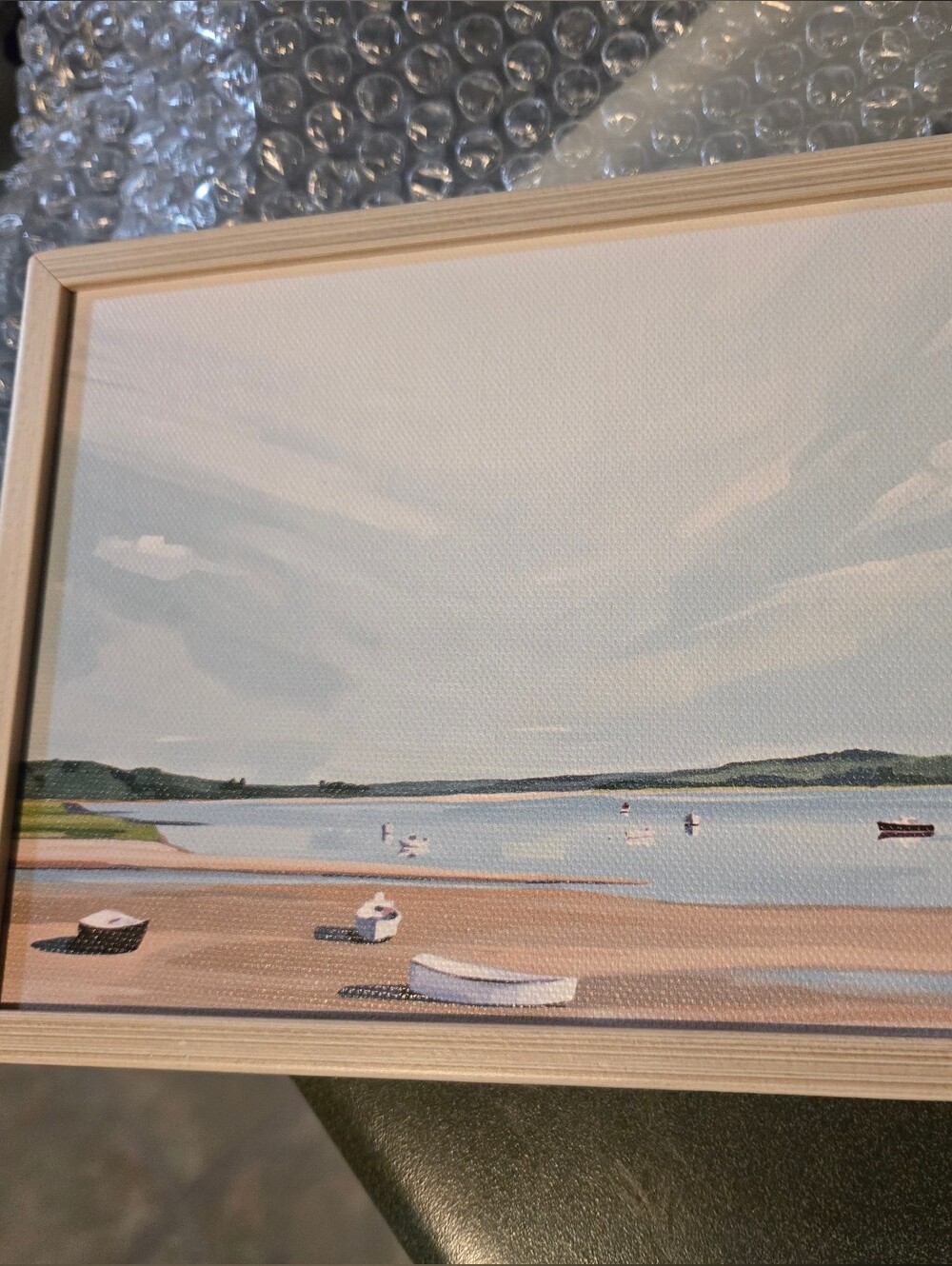 Art Wooden Frame NWT  5x7" Emily Drummond artist seascape with boats on beach